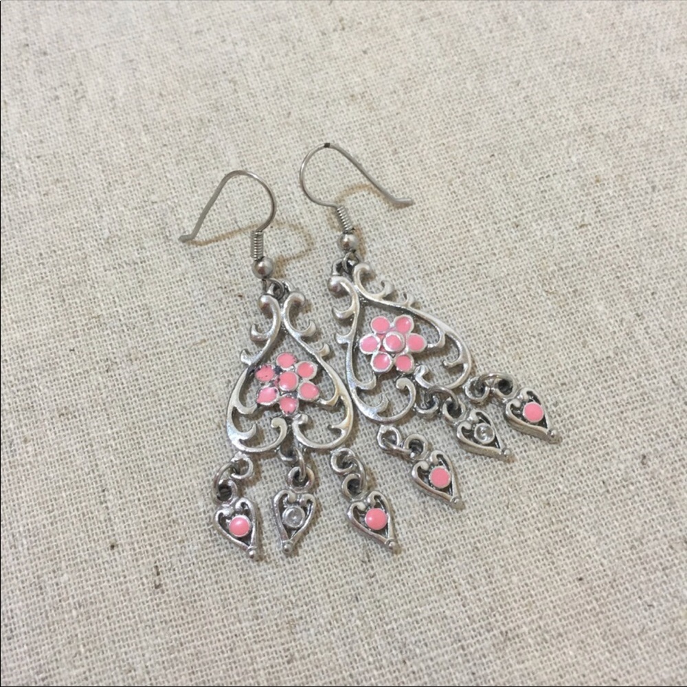 Pink enamel floral chandelier earrings